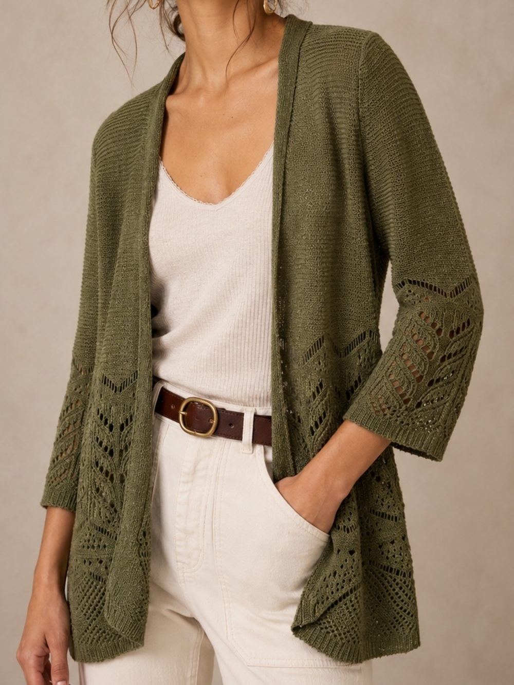 GNW Olive Open-Front Eyelet Knit Cardigan